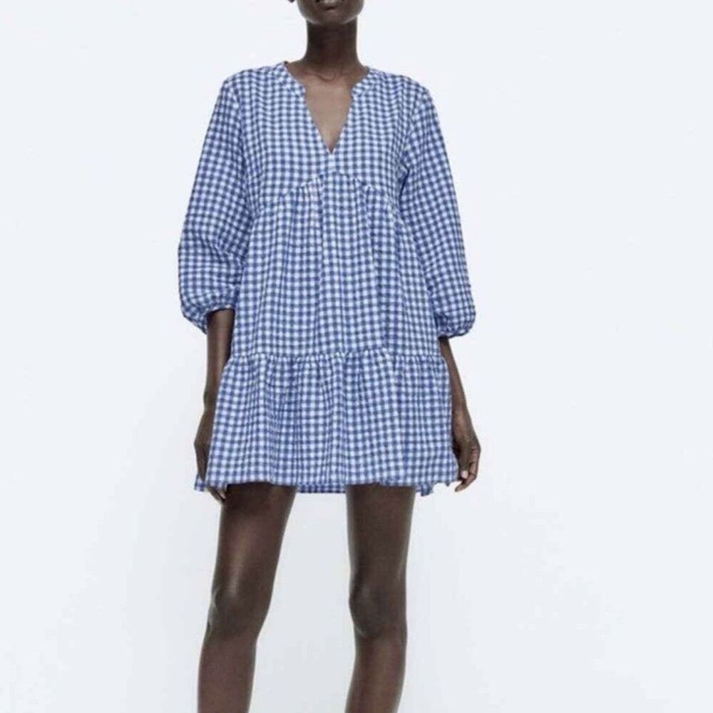 Zara Blue White Gingham Tiered Mini Dress Balloon Sleeve Size Medium M